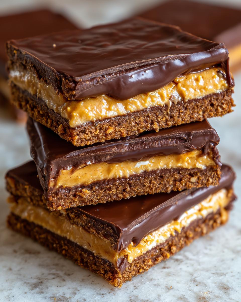 A stack of three rich buckeye graham crackers bars featuring a dark chocolate top, peanut butter filling, and graham cracker crust.