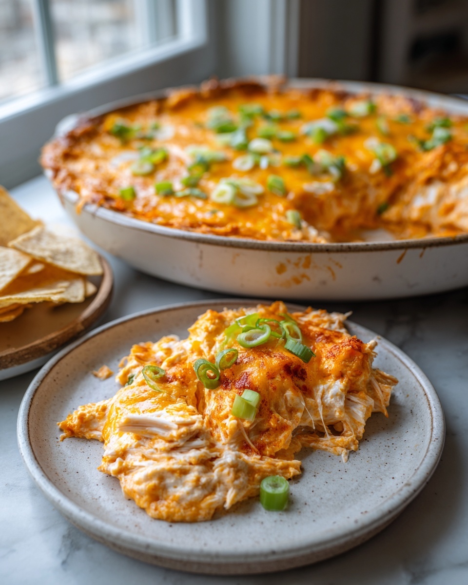 A serving of creamy, cheesy buffalo chicken dip topped with sliced green onions on a speckled plate.