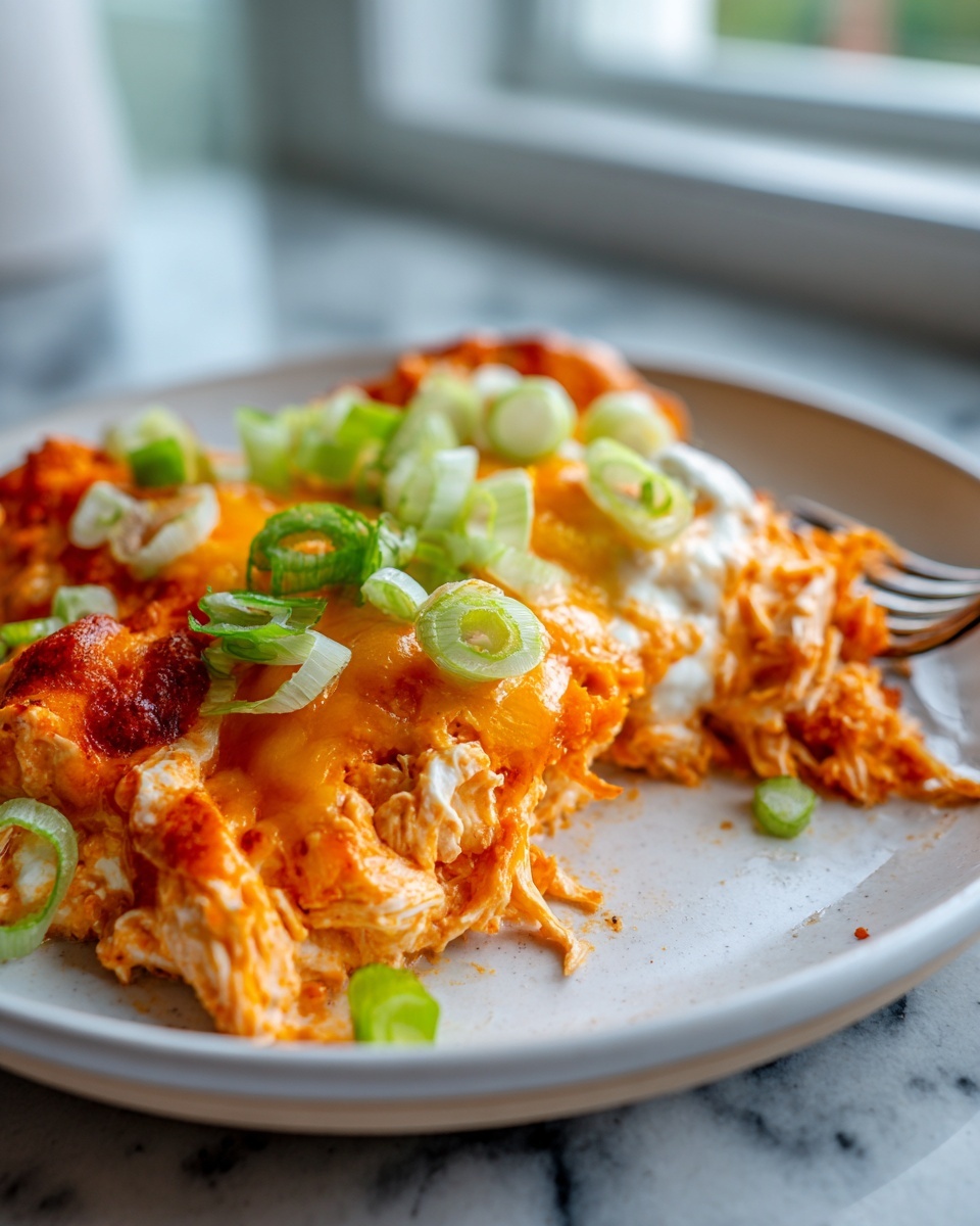 Close-up of a serving of hot buffalo chicken dip, topped with melted cheddar and fresh green onions.