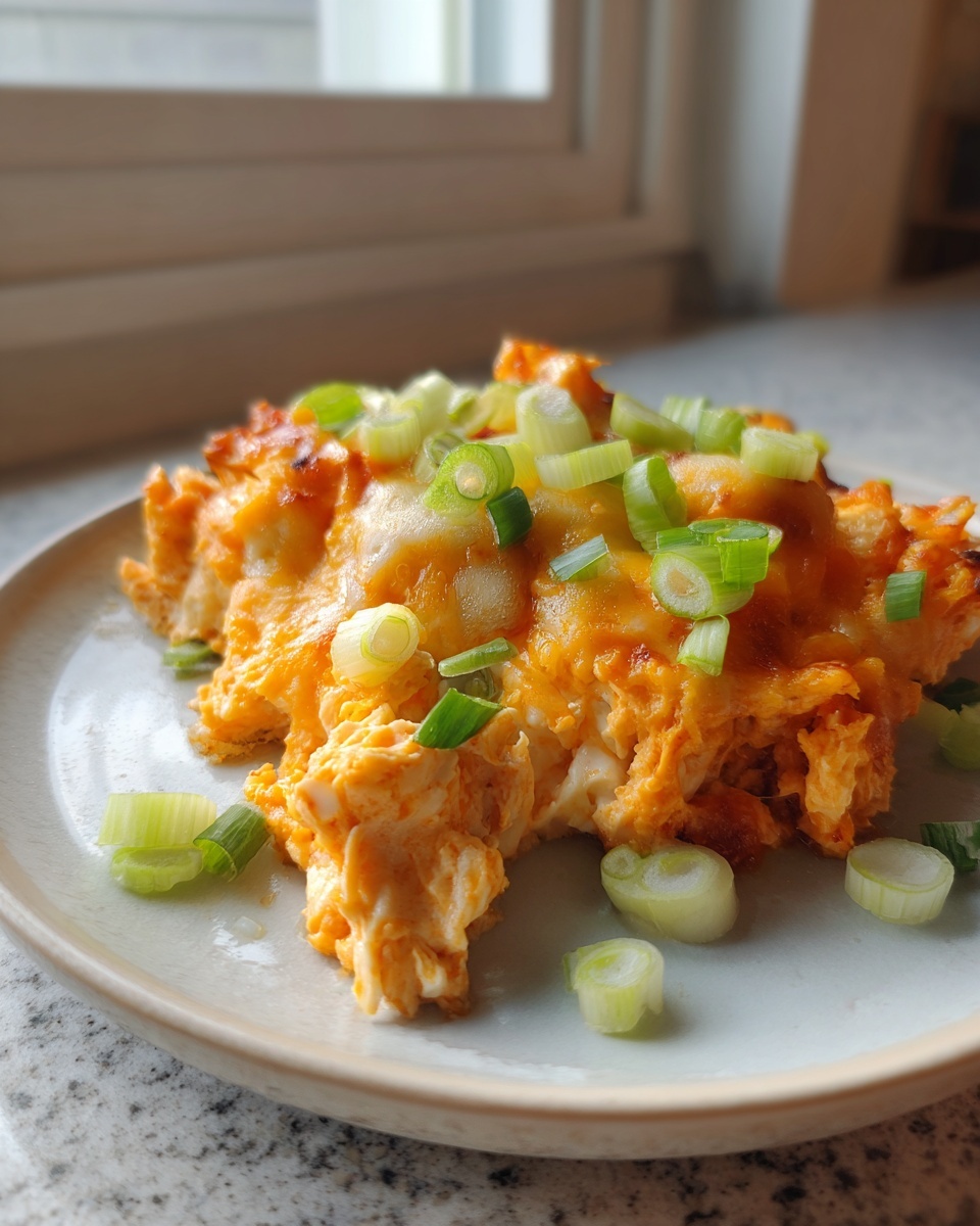 A scoop of hot buffalo chicken dip topped with melted cheese and fresh green onions on a light plate.