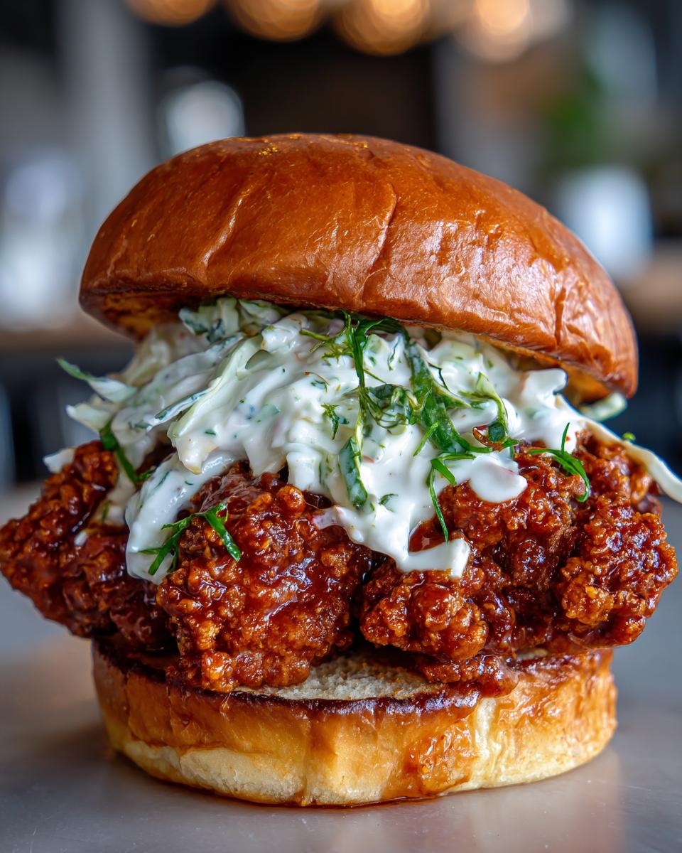 Close-up of a juicy buffalo chicken sandwich featuring crispy fried chicken, rich sauce, and creamy coleslaw on a brioche bun.