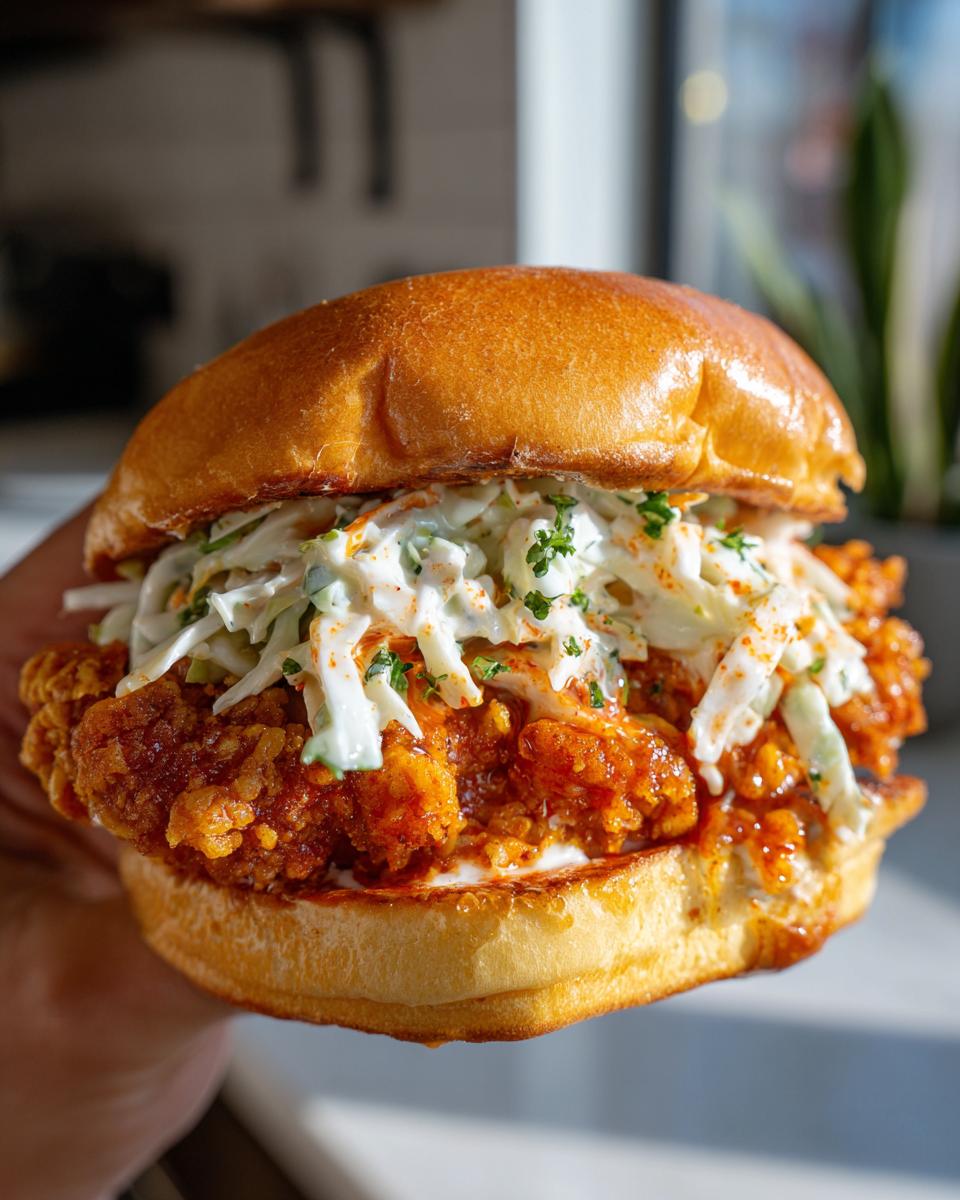 A close-up shot of a juicy buffalo chicken sandwich topped with creamy coleslaw on a toasted brioche bun.