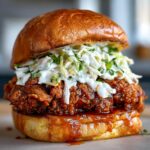 Close-up of a delicious buffalo chicken sandwich featuring crispy fried chicken, spicy sauce, and creamy coleslaw on a brioche bun.