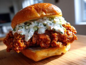 Close-up of a juicy buffalo chicken sandwich featuring crispy fried chicken, creamy coleslaw, and a brioche bun.