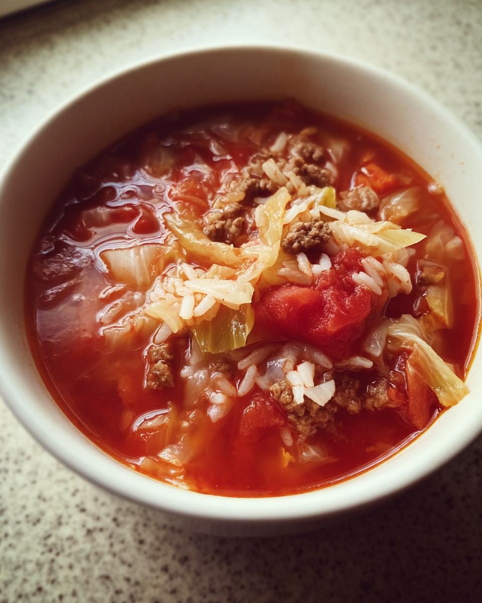 Close-up of a white bowl filled with rich, red cabbage soup containing ground meat, rice, and chunks of tomato.