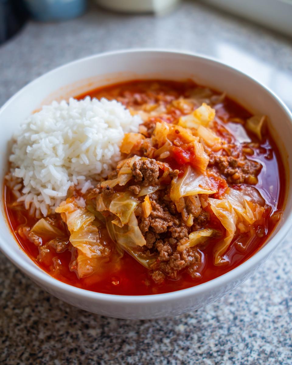 A white bowl filled with hearty cabbage soup, ground meat, and a side of white rice, ready to eat.