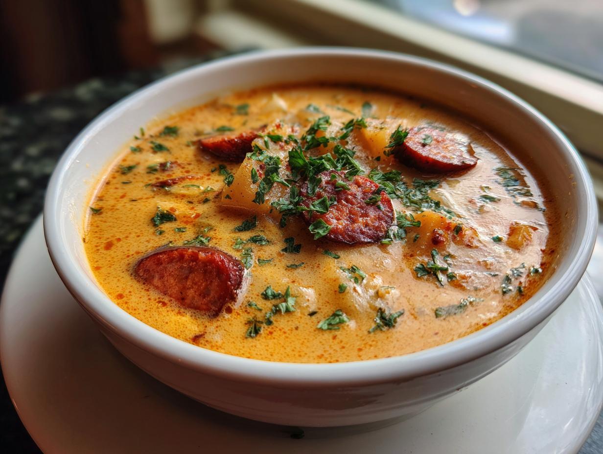 Close-up of a bowl of creamy Cajun potato soup featuring chunks of potato and slices of andouille sausage, garnished with parsley.