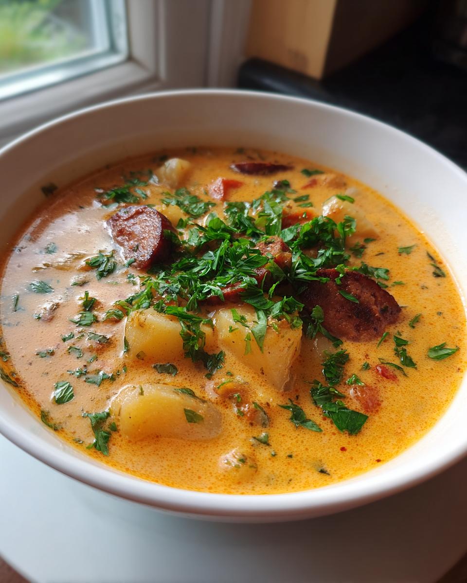 A close-up of a bowl of creamy Cajun potato soup topped with sliced sausage and fresh parsley.