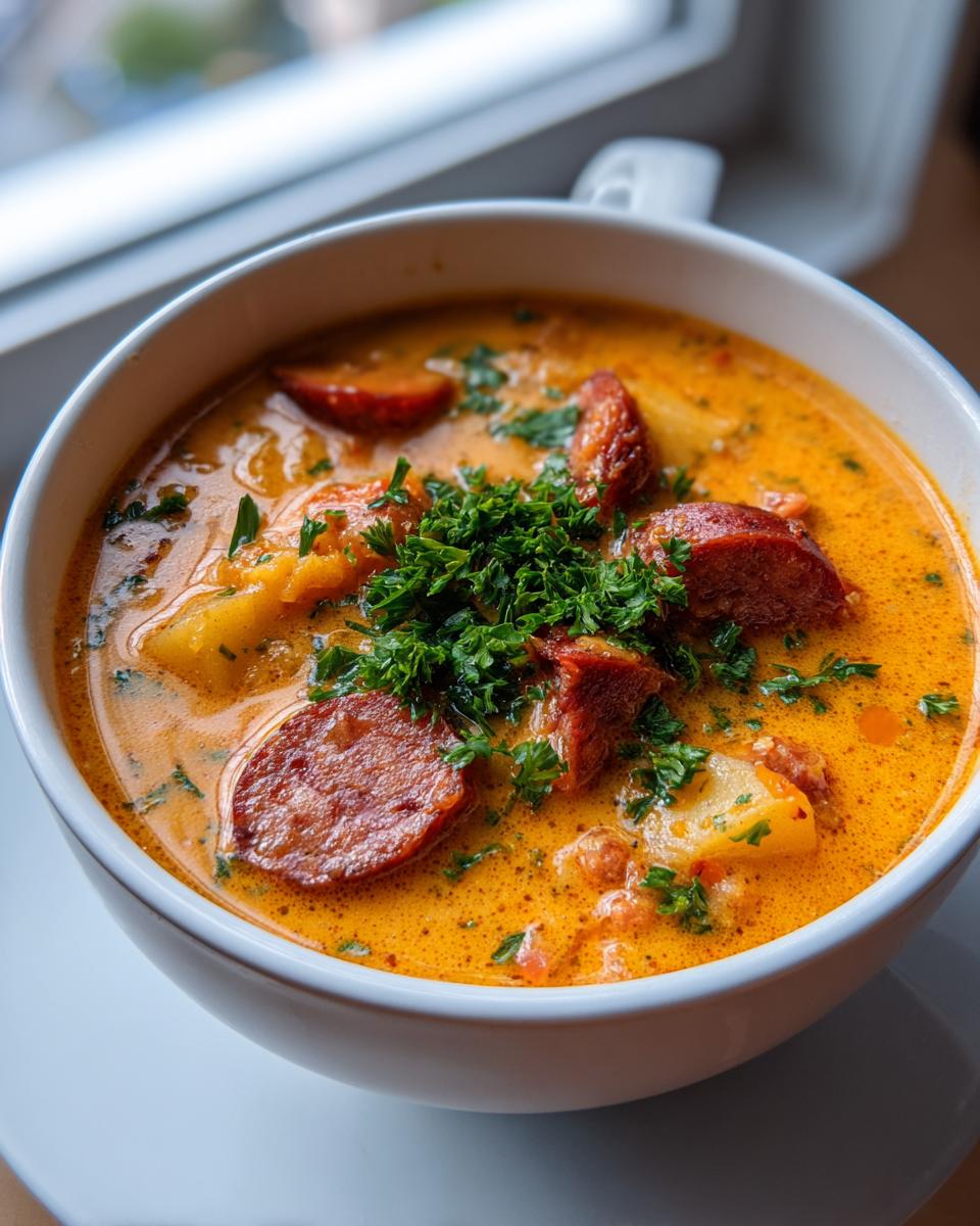 Close-up of a bowl of creamy Cajun potato soup topped with sliced sausage and fresh parsley.