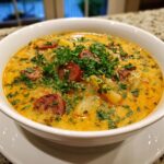 A close-up of a creamy, orange-hued bowl of Cajun potato soup topped with sliced sausage and fresh parsley.