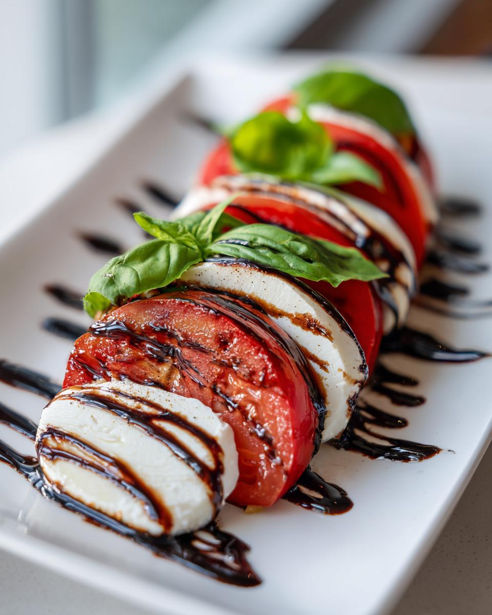 Close-up of a classic caprese salad featuring alternating slices of tomato, mozzarella, and basil, drizzled heavily with balsamic glaze.
