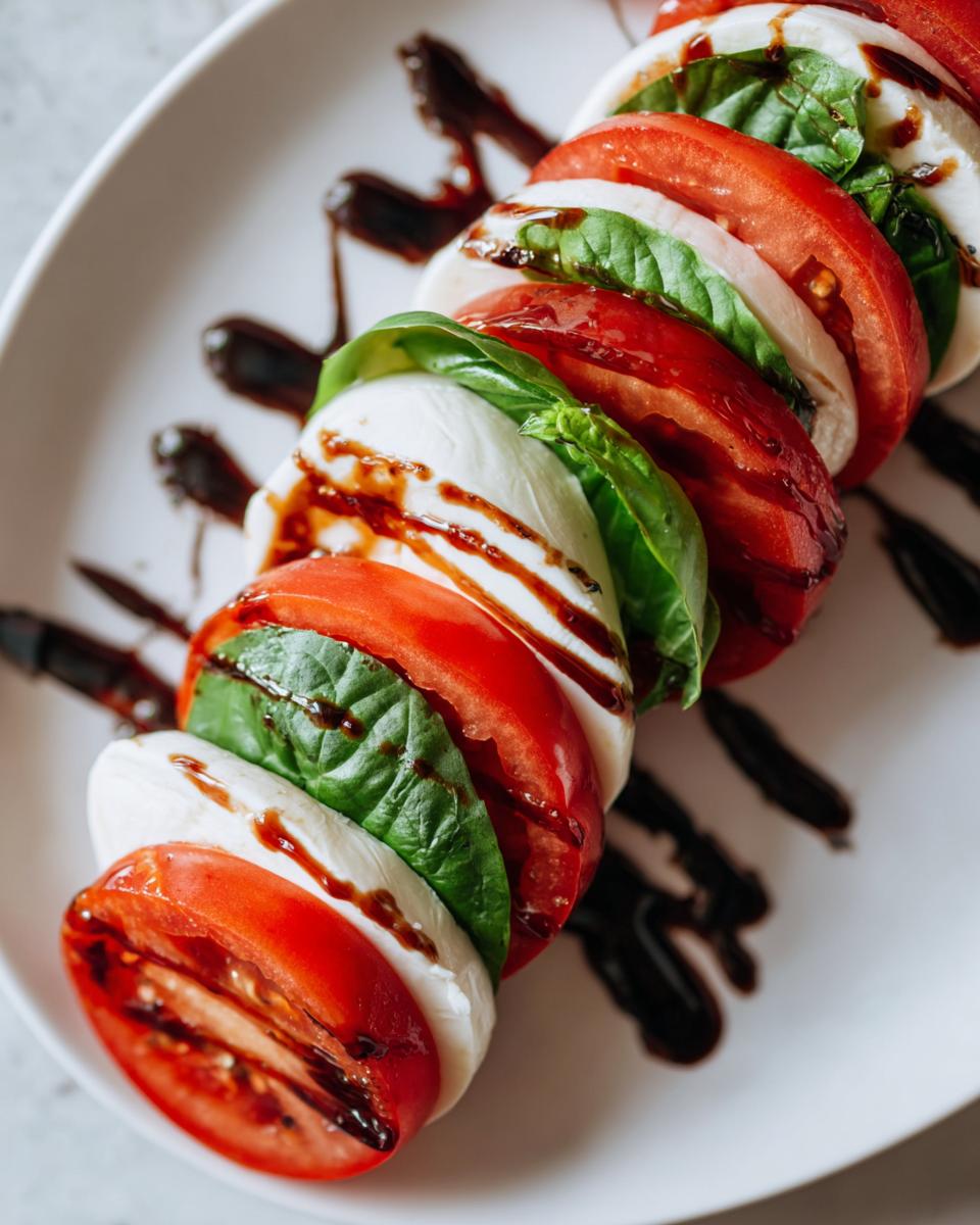 Close-up of a beautifully arranged caprese salad stack with alternating slices of tomato, mozzarella, and basil, drizzled with balsamic glaze.