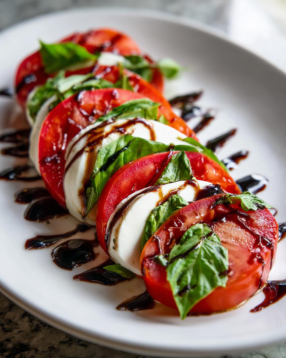 Close-up of a beautiful caprese salad featuring alternating slices of fresh tomato, mozzarella, and basil, drizzled with balsamic glaze.
