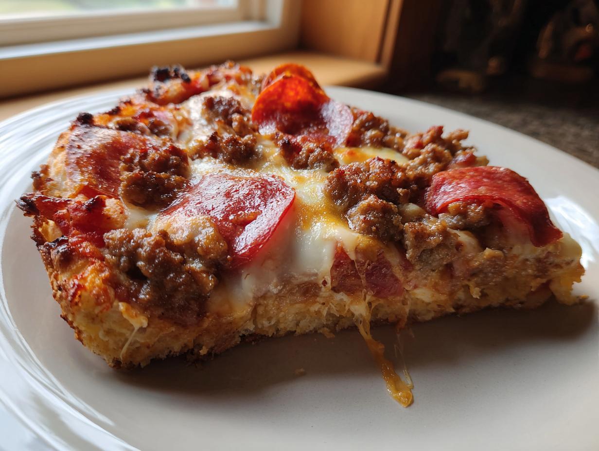 Close-up of a thick slice of carnivore pizza topped with melted cheese, sausage, and pepperoni.