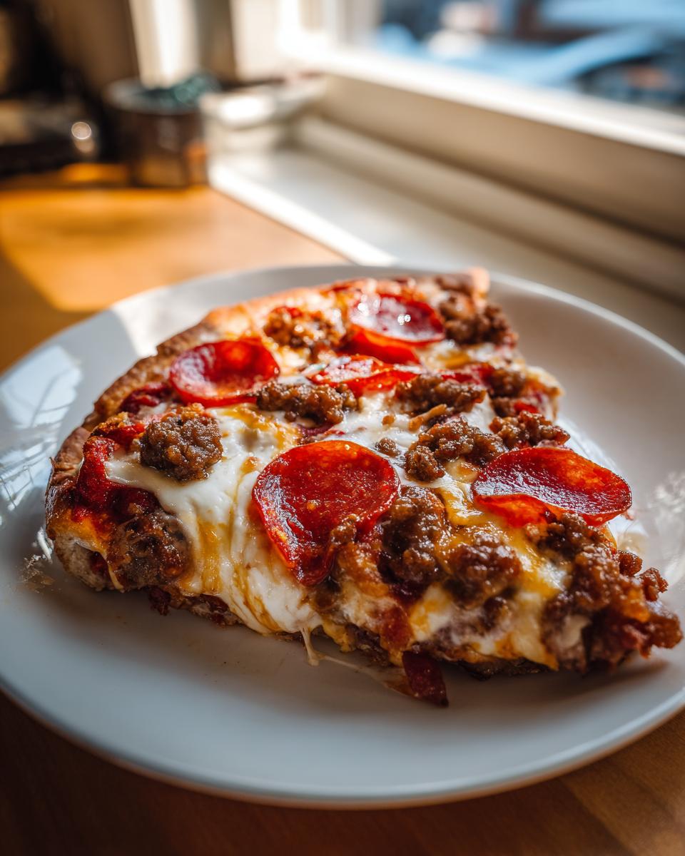 A thick slice of carnivore pizza loaded with melted cheese, pepperoni, and crumbled sausage served on a white plate.