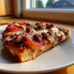 A thick slice of carnivore pizza topped with melted cheese, pepperoni, and crumbled sausage, sitting on a white plate.