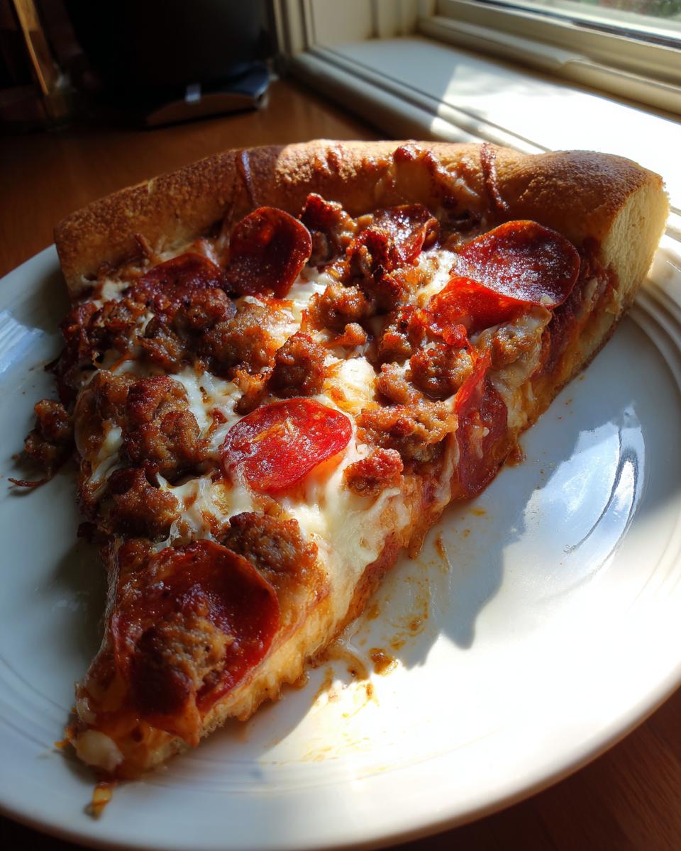 A thick slice of carnivore pizza loaded with melted cheese, pepperoni, and sausage, sitting on a white plate.