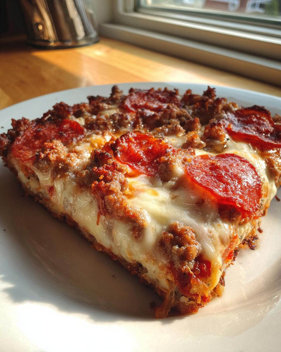 A thick slice of carnivore pizza topped with melted cheese, ground meat, and pepperoni, served on a white plate.