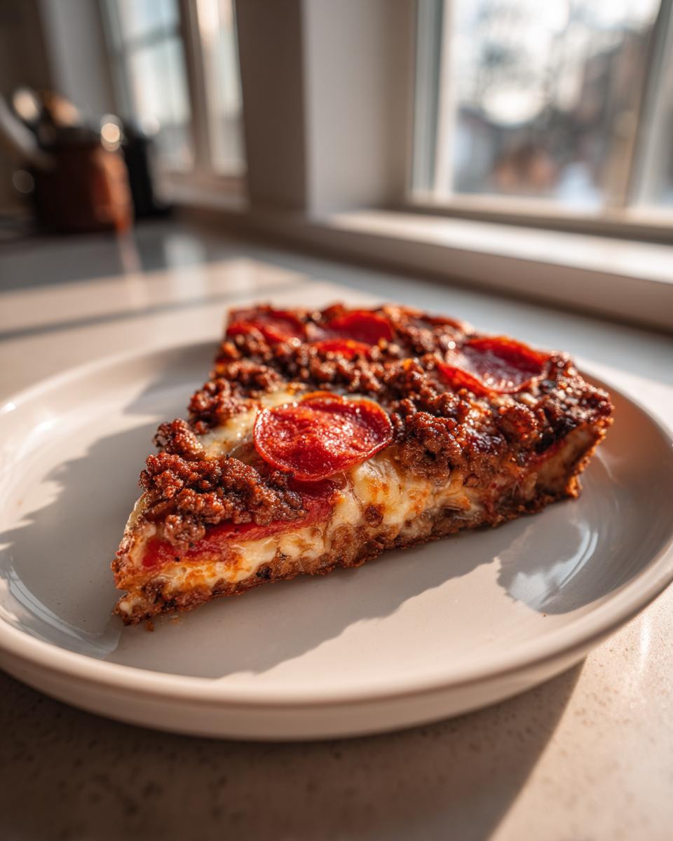 A thick slice of carnivore pizza topped with ground meat and pepperoni sits on a plate near a sunlit window.
