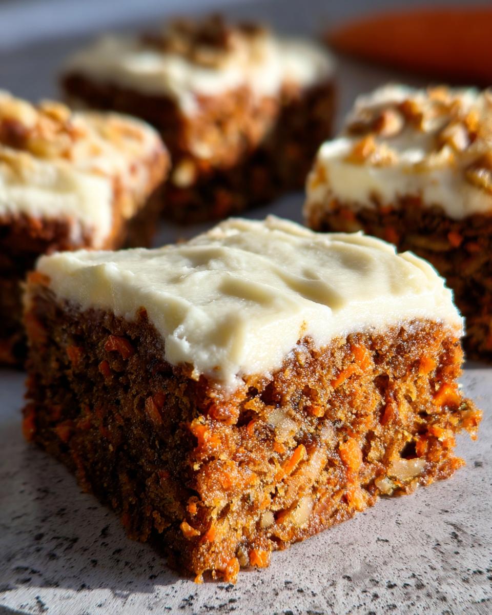A close-up, appetizing shot of a single square of carrot cake bars with thick cream cheese frosting and visible shredded carrots.