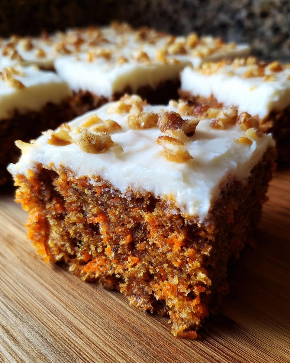 A close-up shot of a single serving of moist carrot cake bars topped with cream cheese frosting and chopped walnuts.