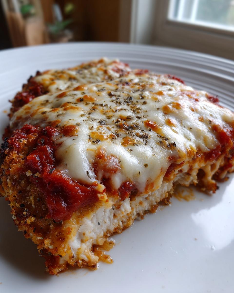 Close-up of a breaded chicken parmesan recipe cutlet topped with marinara sauce and melted mozzarella cheese.