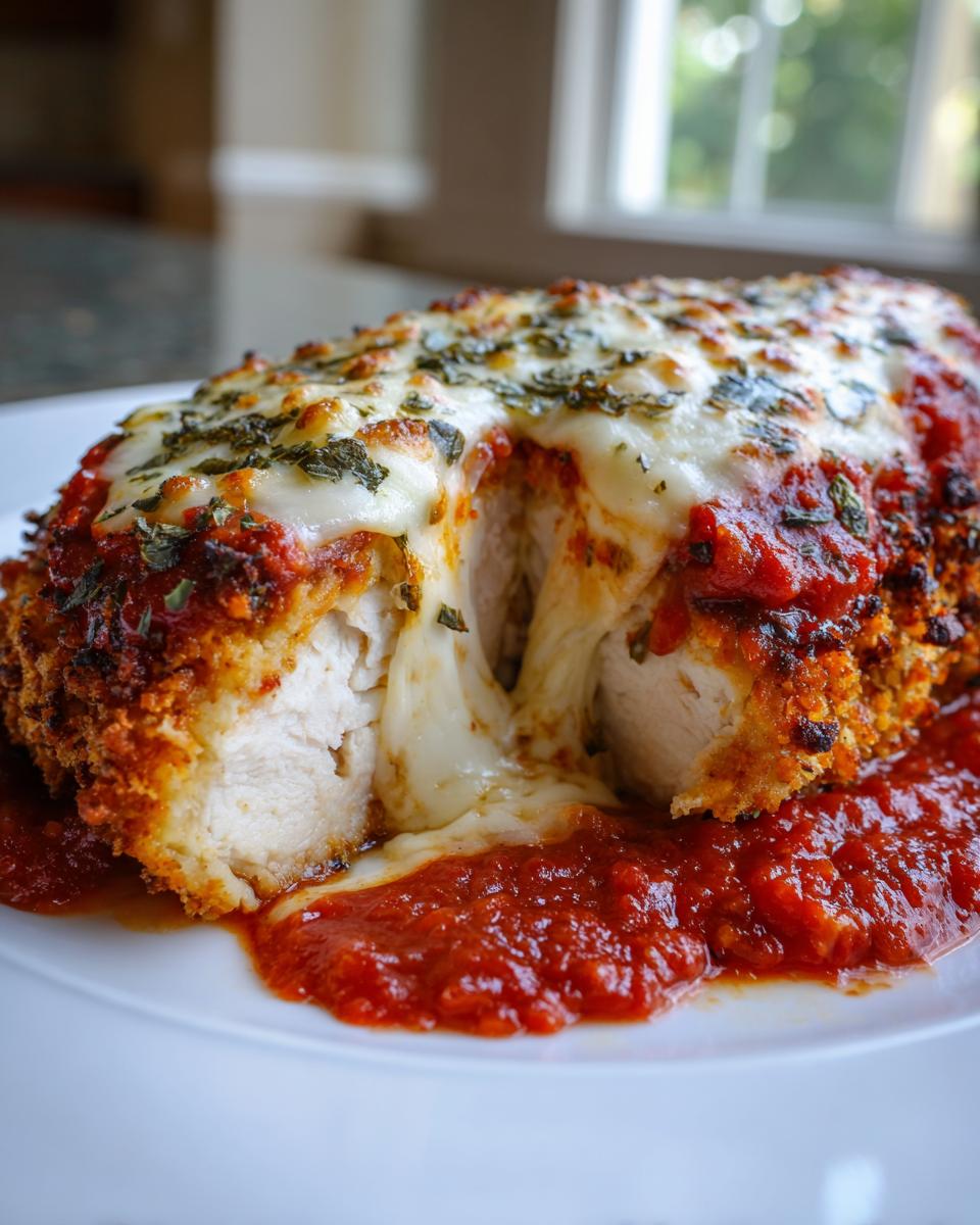 A cross-section of a baked chicken parmesan recipe showing melted mozzarella cheese oozing out over rich tomato sauce.