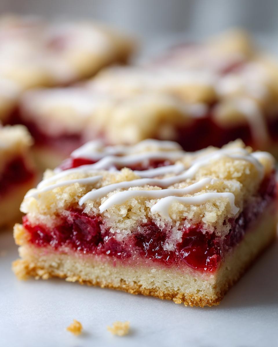 A close-up, cross-section view of a single cherry pie bars square showing the crust, bright red cherry filling, and crumb topping with white icing.