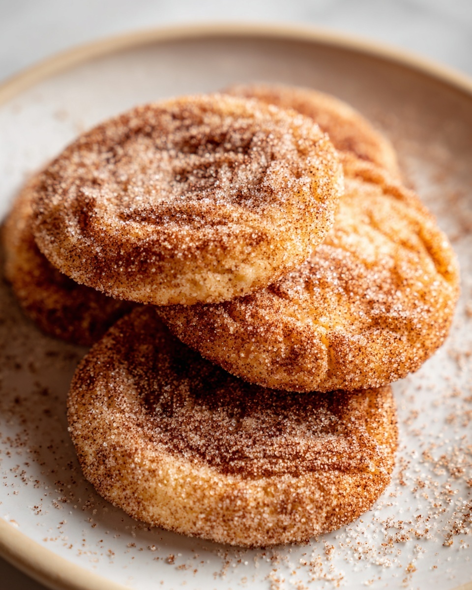 A stack of three soft, round churro cookies heavily coated in granulated cinnamon sugar on a light plate.