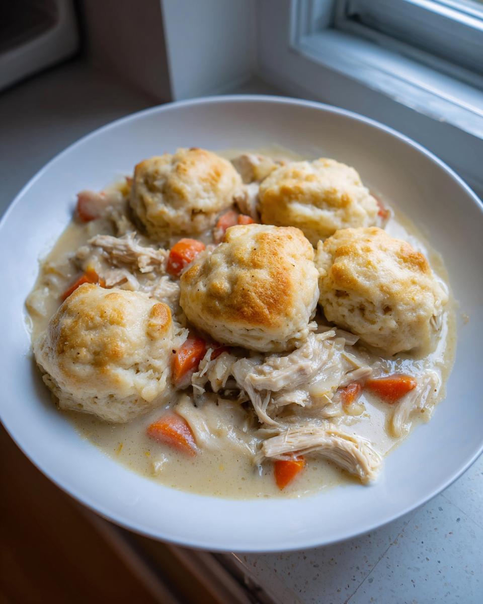 A white bowl filled with creamy chicken and dumpling stew, topped with four golden biscuits.