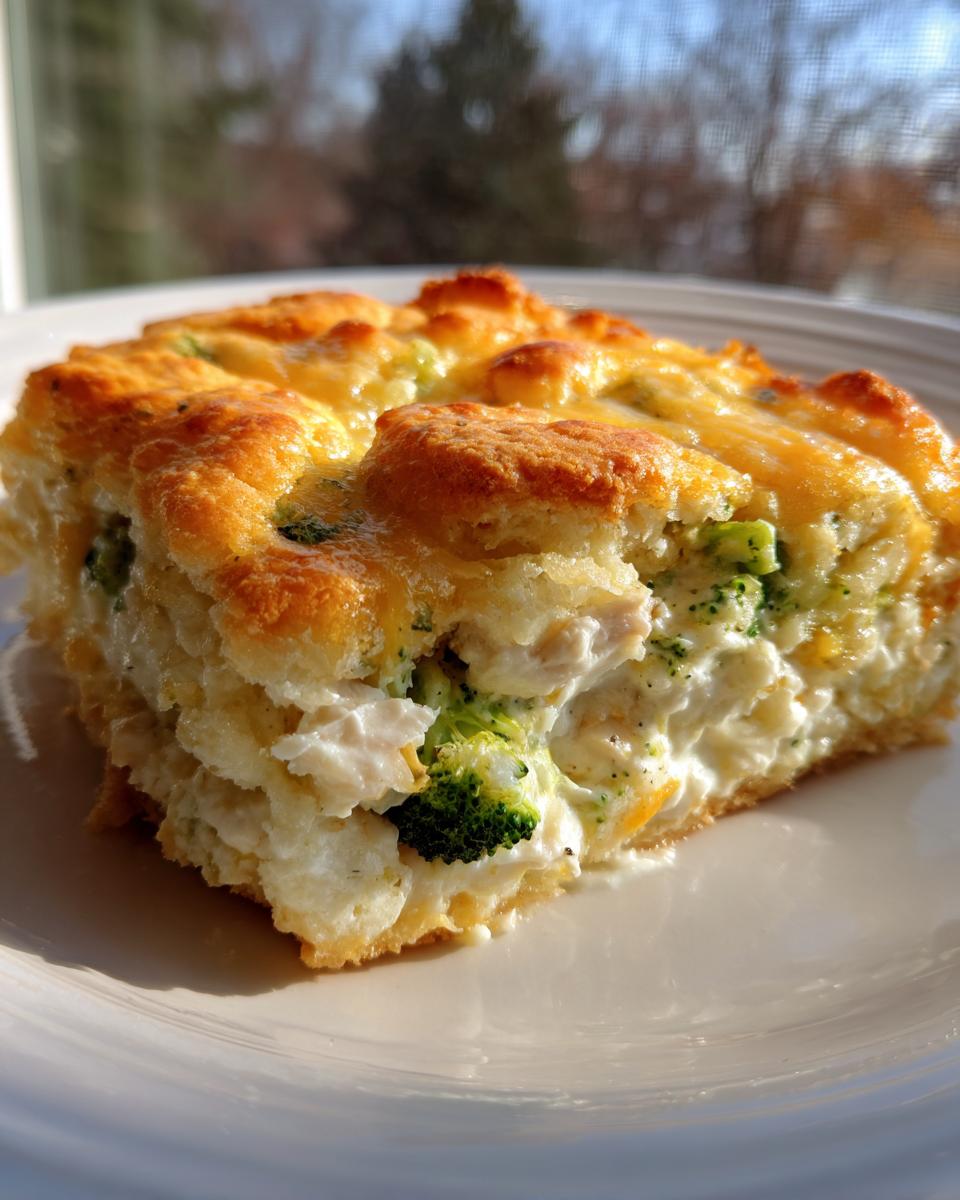 A close-up slice of creamy Chicken Divan casserole topped with golden biscuits and melted cheese.