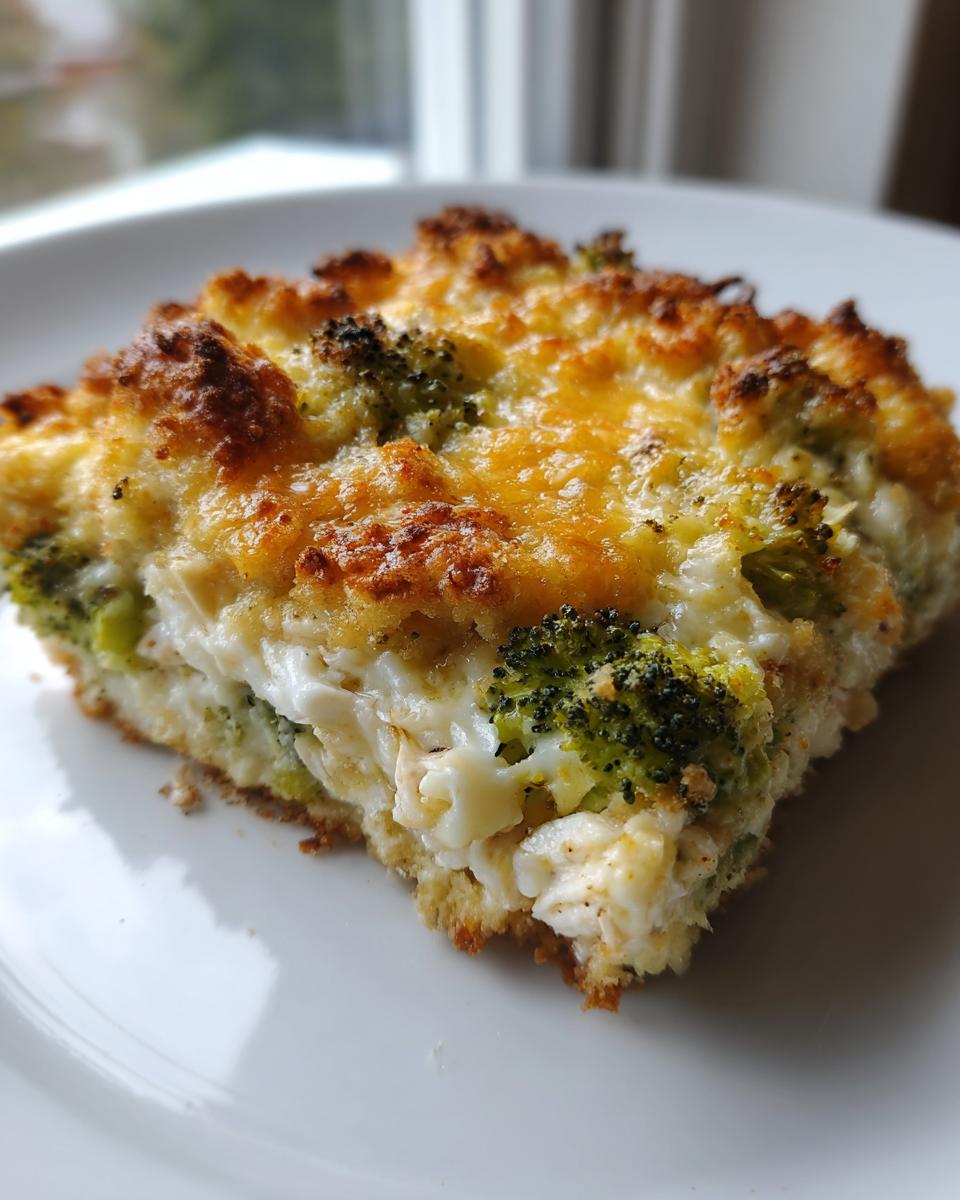 A close-up of a square serving of Chicken Divan casserole with a golden, bubbly cheese crust and visible broccoli florets.