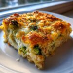A close-up of a square serving of Chicken Divan with a golden-brown, cheesy crust and visible broccoli florets.