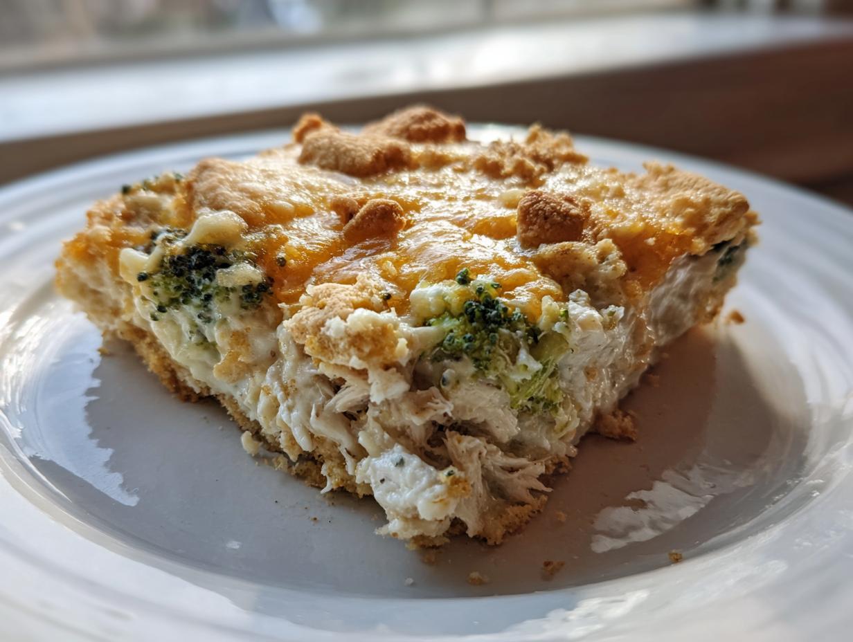 A close-up slice of Chicken Divan featuring shredded chicken, broccoli florets, and a melted cheddar cheese topping on a white plate.