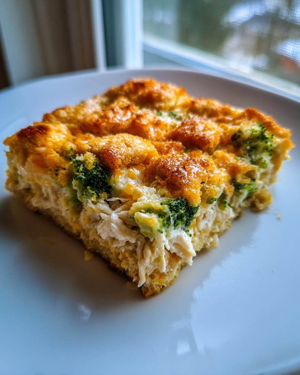 A square slice of Chicken Divan casserole showing shredded chicken, broccoli florets, and a golden, cheesy baked top.