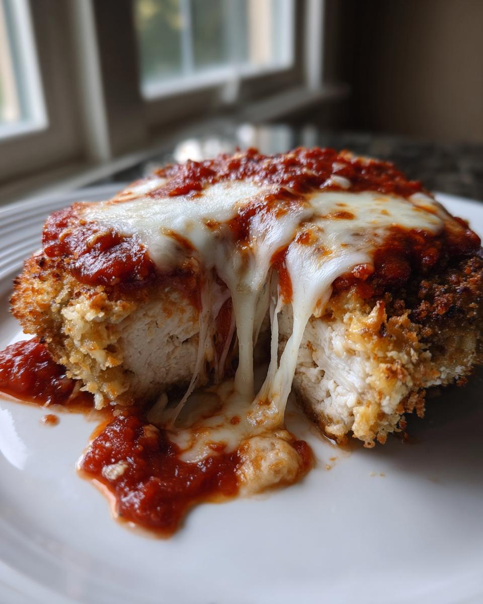 Close-up of a cross-section of chicken parmesan recipe showing melted, stringy mozzarella cheese and marinara sauce.