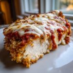 Close-up of a thick slice showing the moist interior of the chicken parmesan recipe, topped with marinara and melted mozzarella.