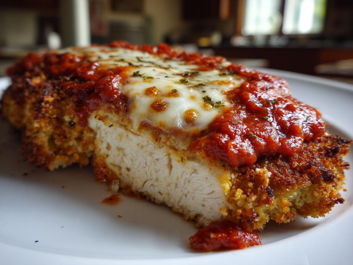 A close-up cross-section of a breaded chicken parmesan recipe topped with melted mozzarella and marinara sauce.