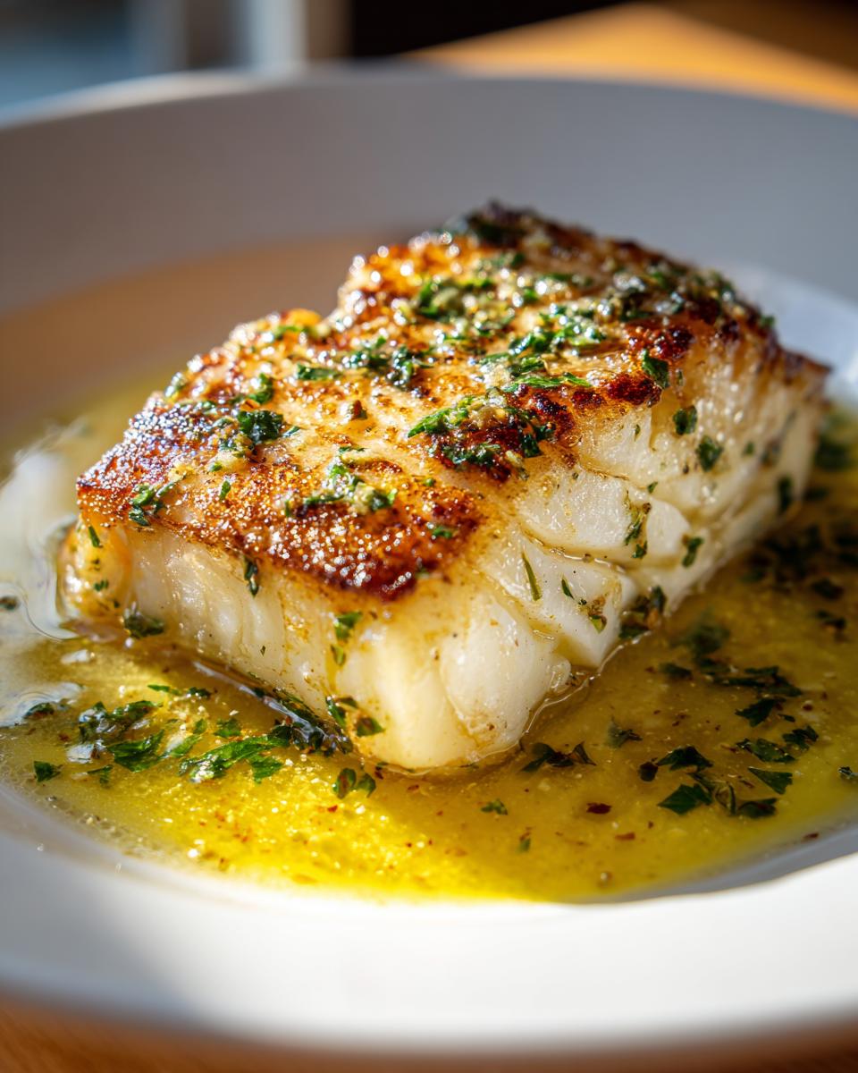 Close-up of a perfectly seared fillet of Chilean sea bass resting in a pool of lemon-herb butter sauce.
