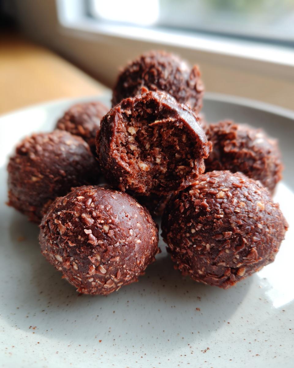 A pile of rich, dark chocolate rice krispie balls, one bitten to show the texture inside.