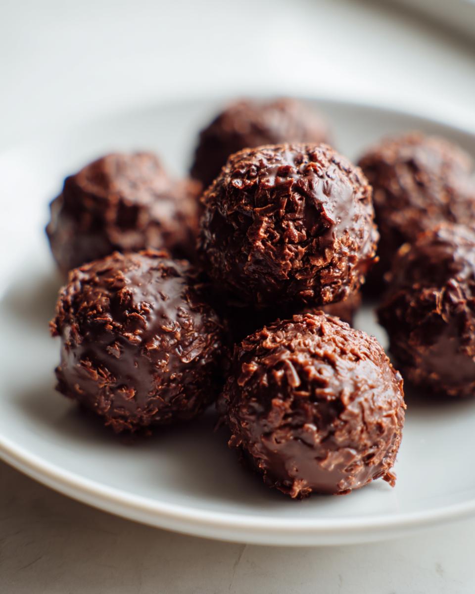 A close-up of several rich chocolate rice krispie balls coated in chocolate and sprinkles.