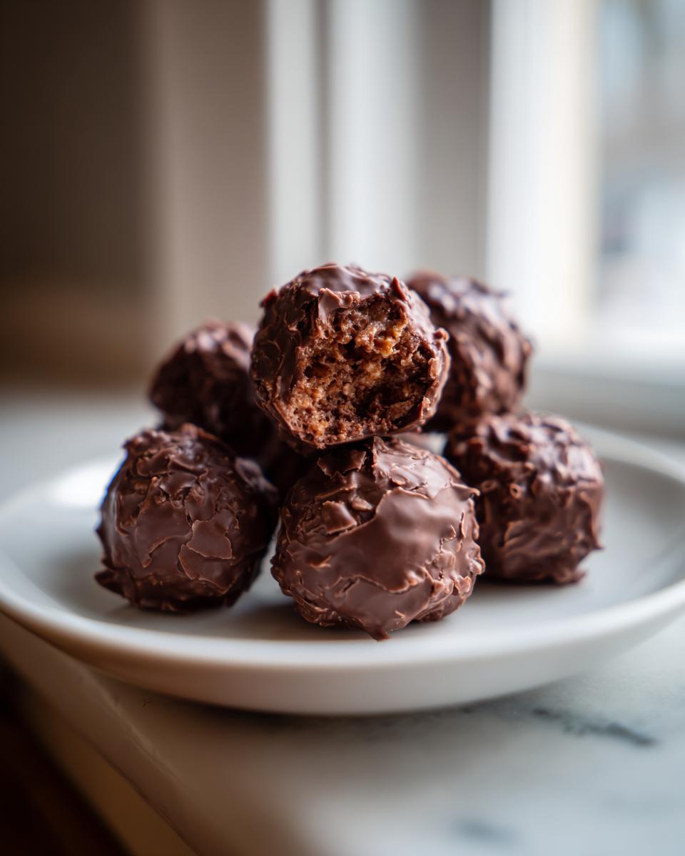 A stack of rich, dark chocolate rice krispie balls on a white plate, one showing a bite taken out.