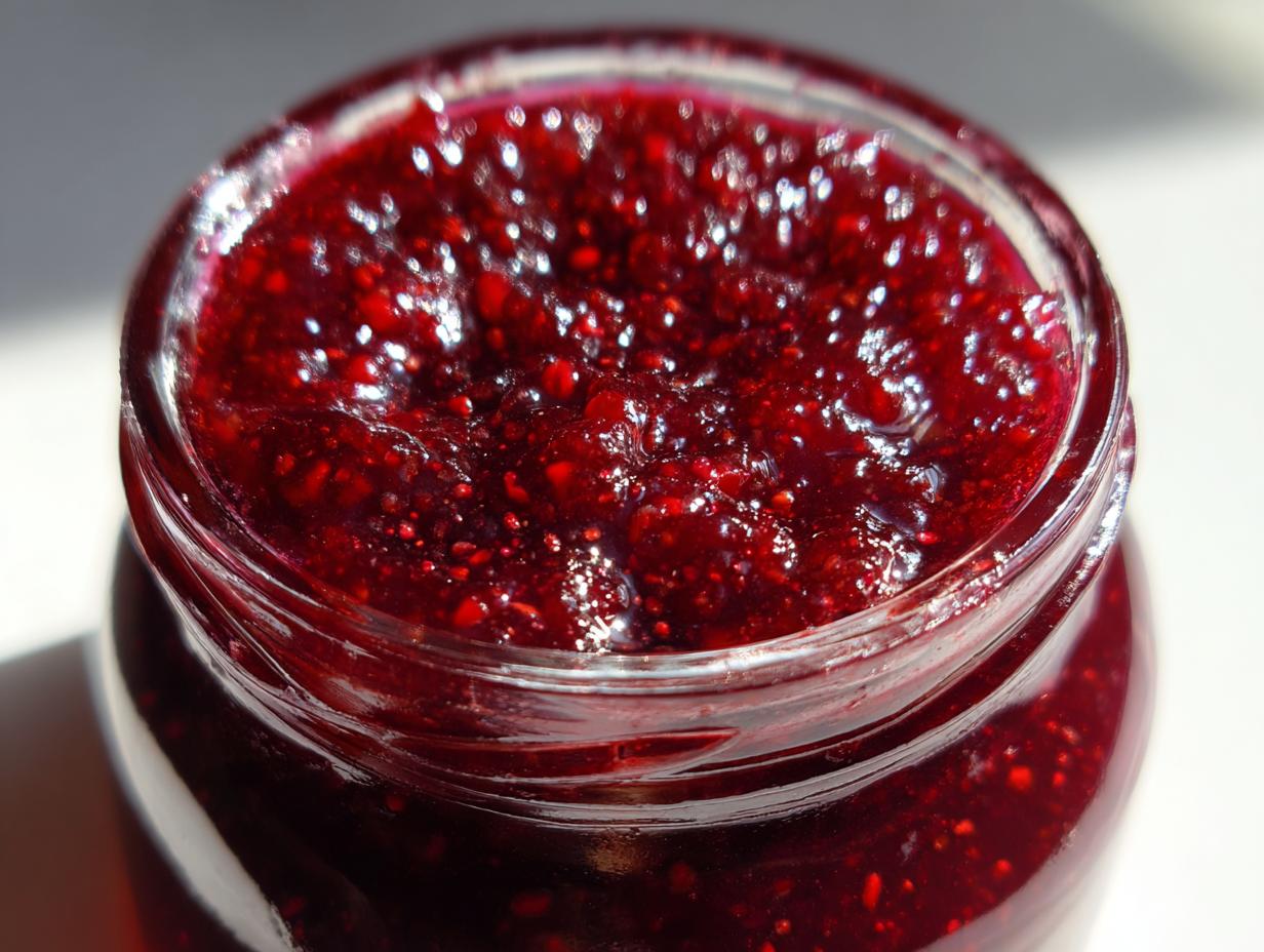 Close-up view of vibrant, deep red homemade christmas jam filled to the brim in a glass jar, showing texture.