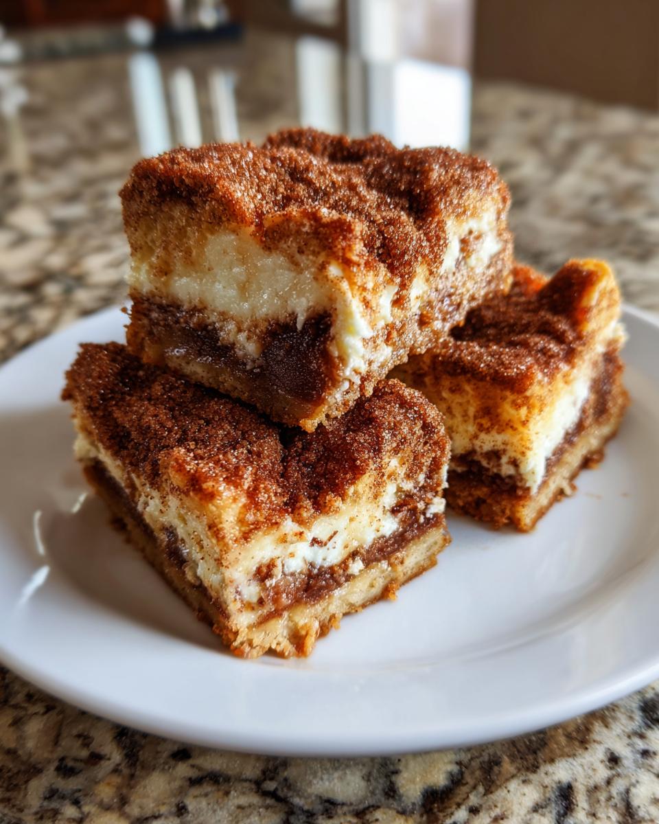 A stack of three rich churro cheesecake bars topped with cinnamon sugar on a white plate.