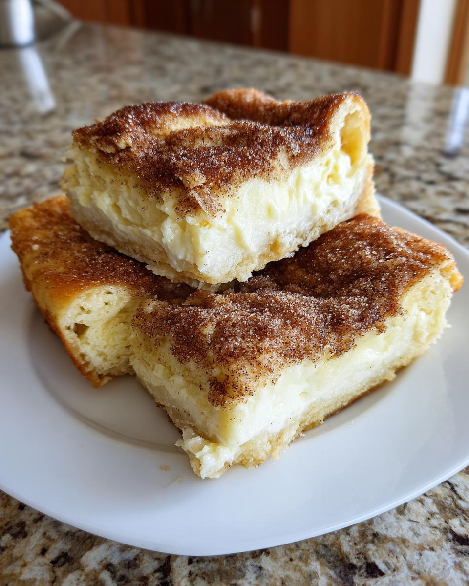 Close-up of three stacked churro cheesecake bars with a thick, creamy filling and cinnamon sugar topping.