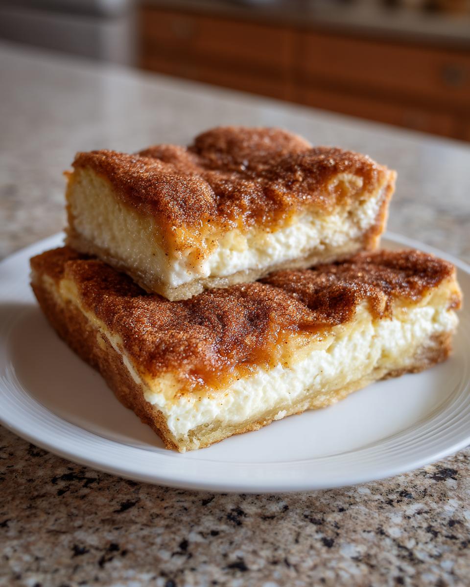 Two stacked slices of creamy churro cheesecake bars topped with cinnamon sugar on a white plate.
