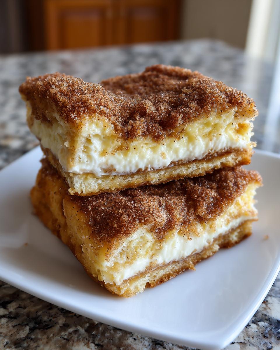 Two stacked squares of creamy churro cheesecake bars topped generously with cinnamon sugar.