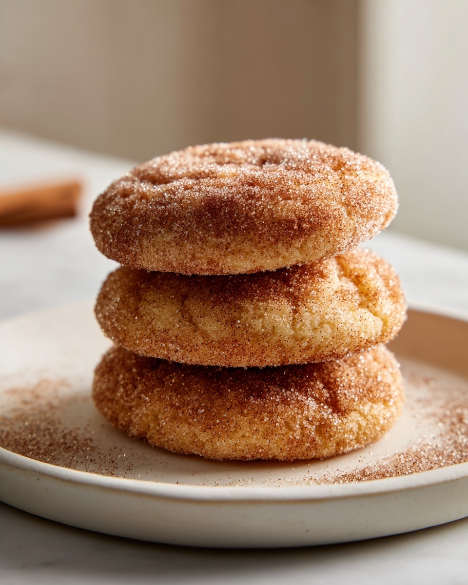 A stack of three soft, round churro cookies generously coated in cinnamon sugar.