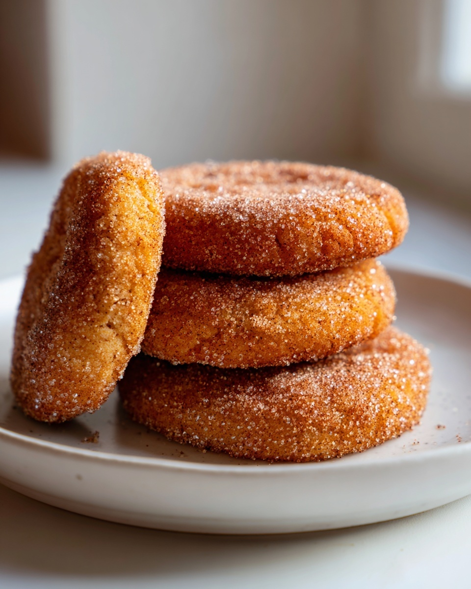 A stack of three round churro cookies, coated heavily in cinnamon sugar, with one leaning against the side.