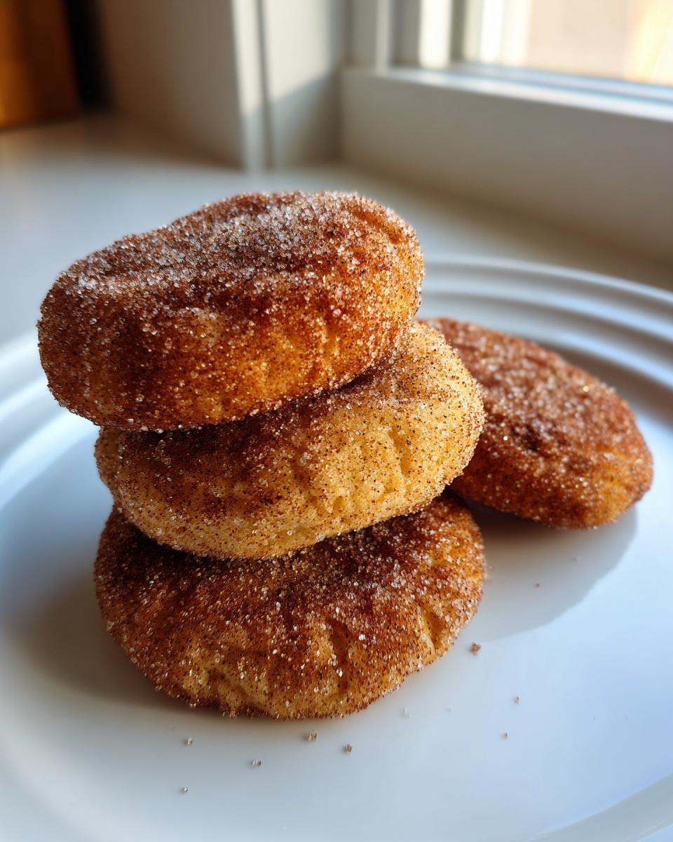 Close-up of a stack of three golden brown churro cookies heavily coated in cinnamon sugar, resting on a white plate.